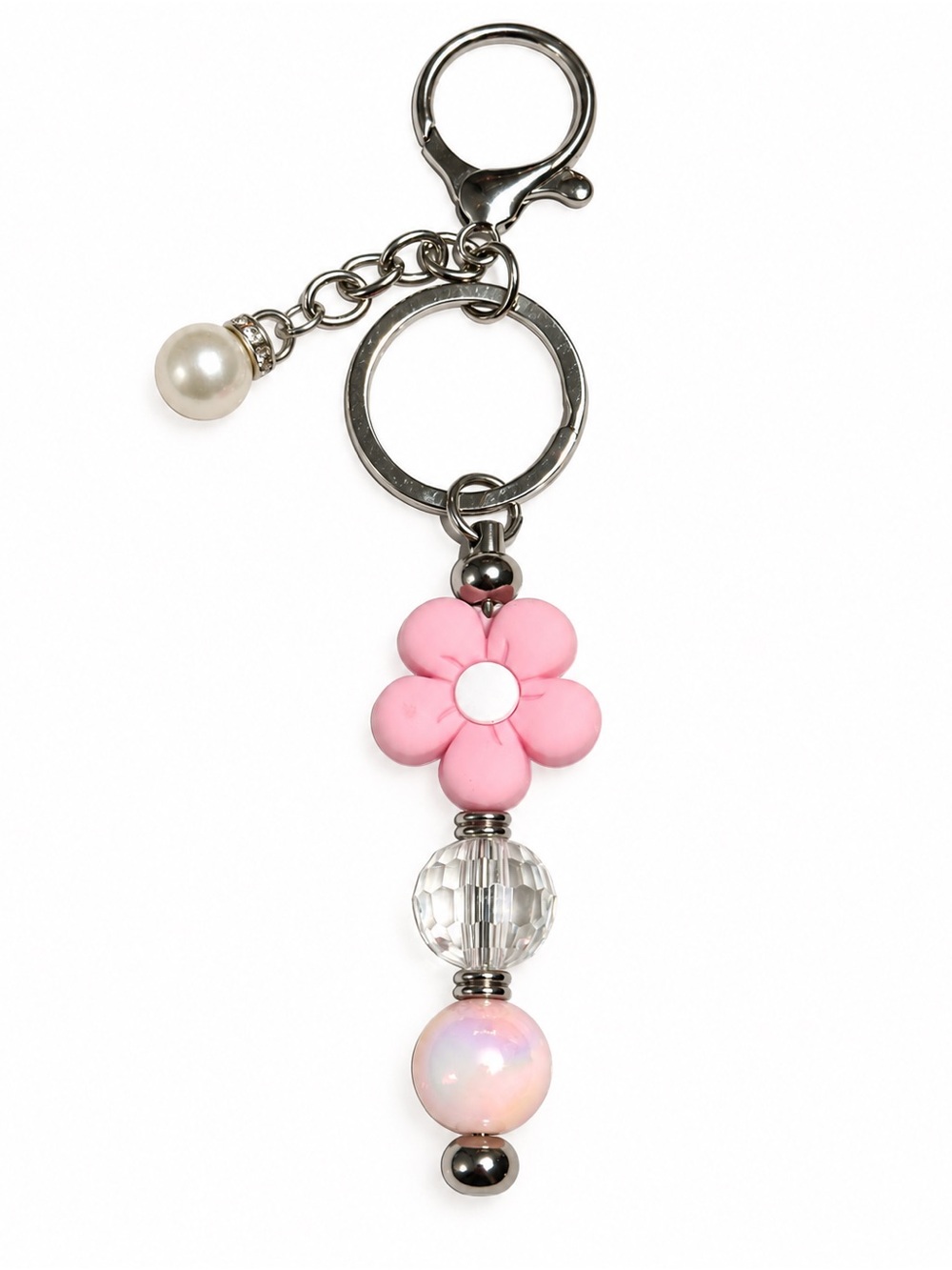 Pink Flower Charm Keychain/Bag Charm with Pearl and Crystal Beads